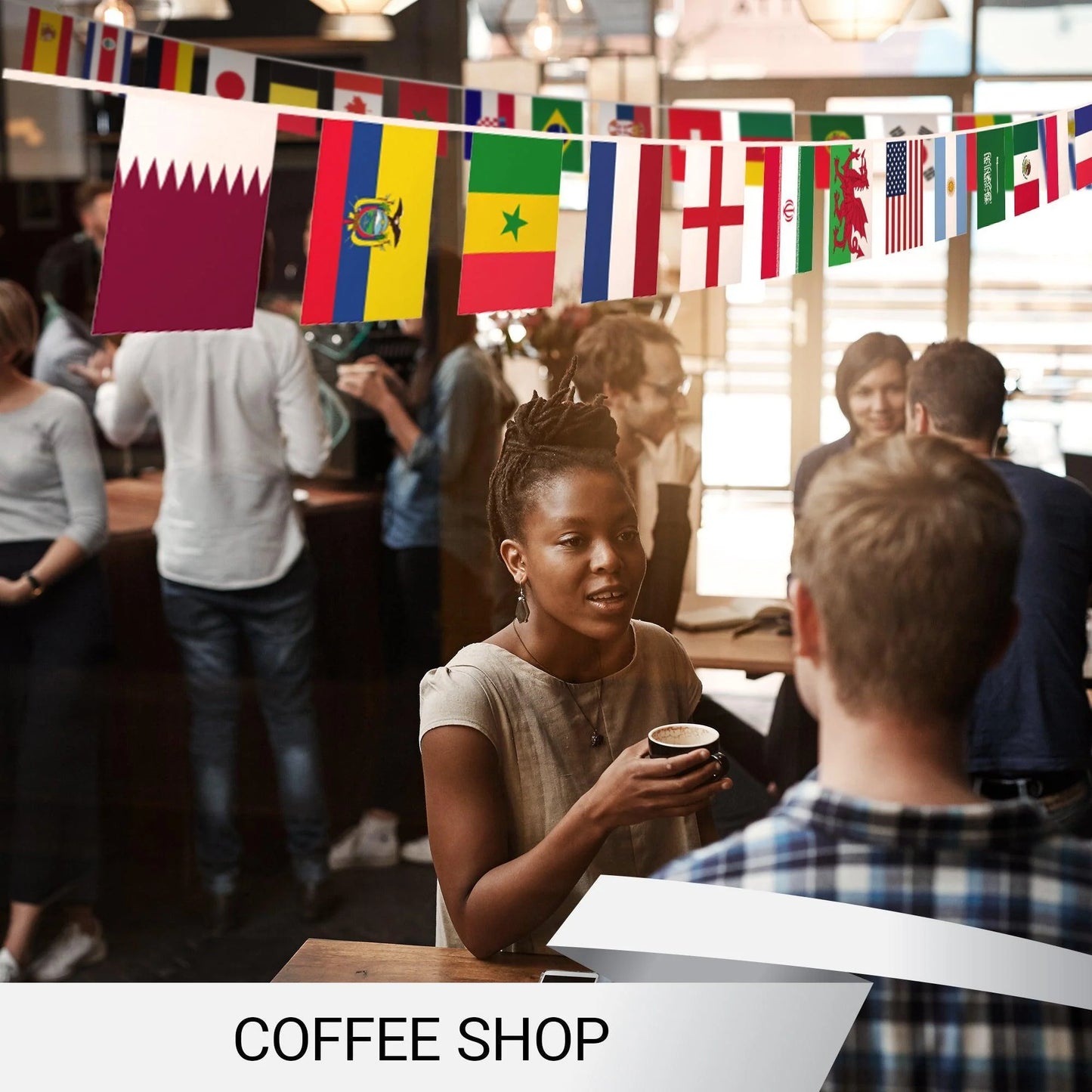 G128 2022 World Cup Bunting Banner Flag 8.2 X 5.5 Inch, Full String 33 Feet Liteweave Pro Series Printed 150D Poly String Flag Decor for Fan Club Party, Soccer Events, World Cup Fan Celebration