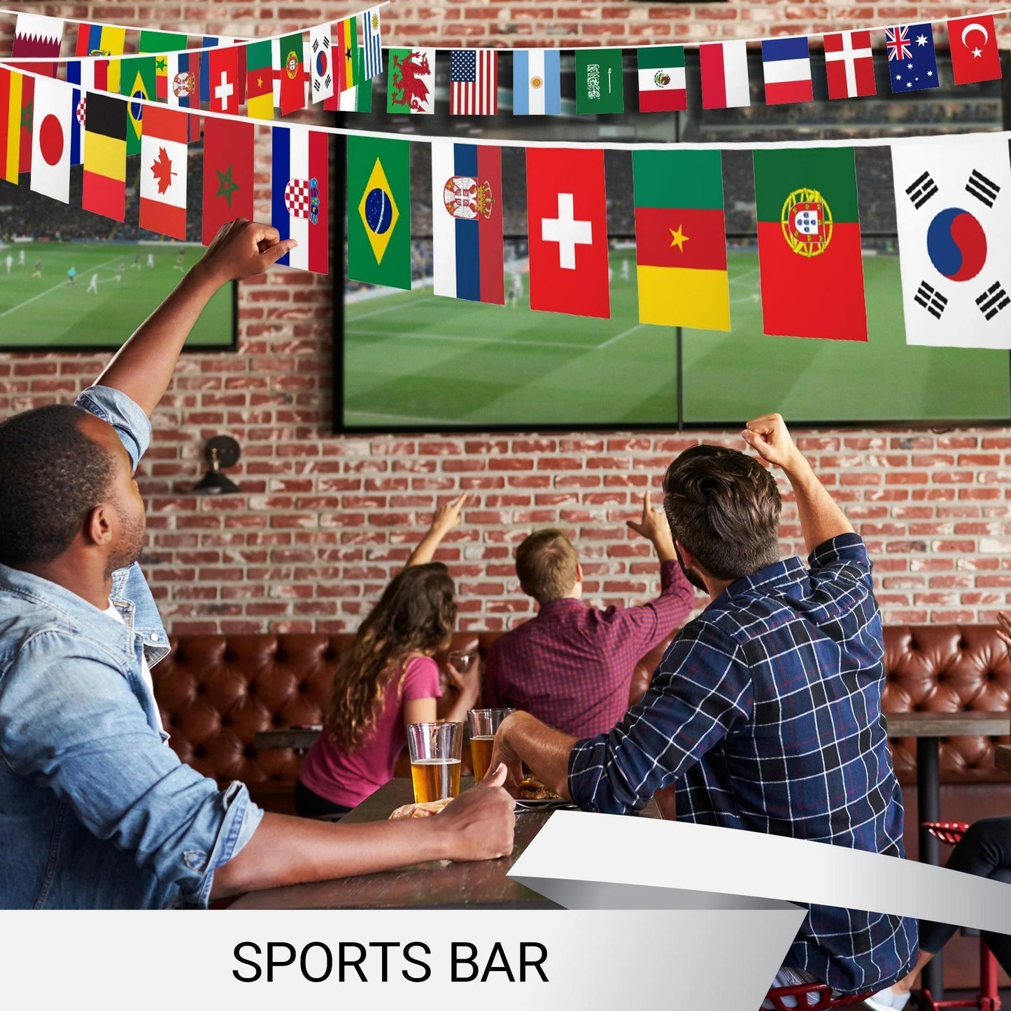 G128 2022 World Cup Bunting Banner Flag 8.2 X 5.5 Inch, Full String 33 Feet Liteweave Pro Series Printed 150D Poly String Flag Decor for Fan Club Party, Soccer Events, World Cup Fan Celebration