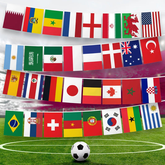G128 2022 World Cup Bunting Banner Flag 8.2 X 5.5 Inch, Full String 33 Feet Liteweave Pro Series Printed 150D Poly String Flag Decor for Fan Club Party, Soccer Events, World Cup Fan Celebration