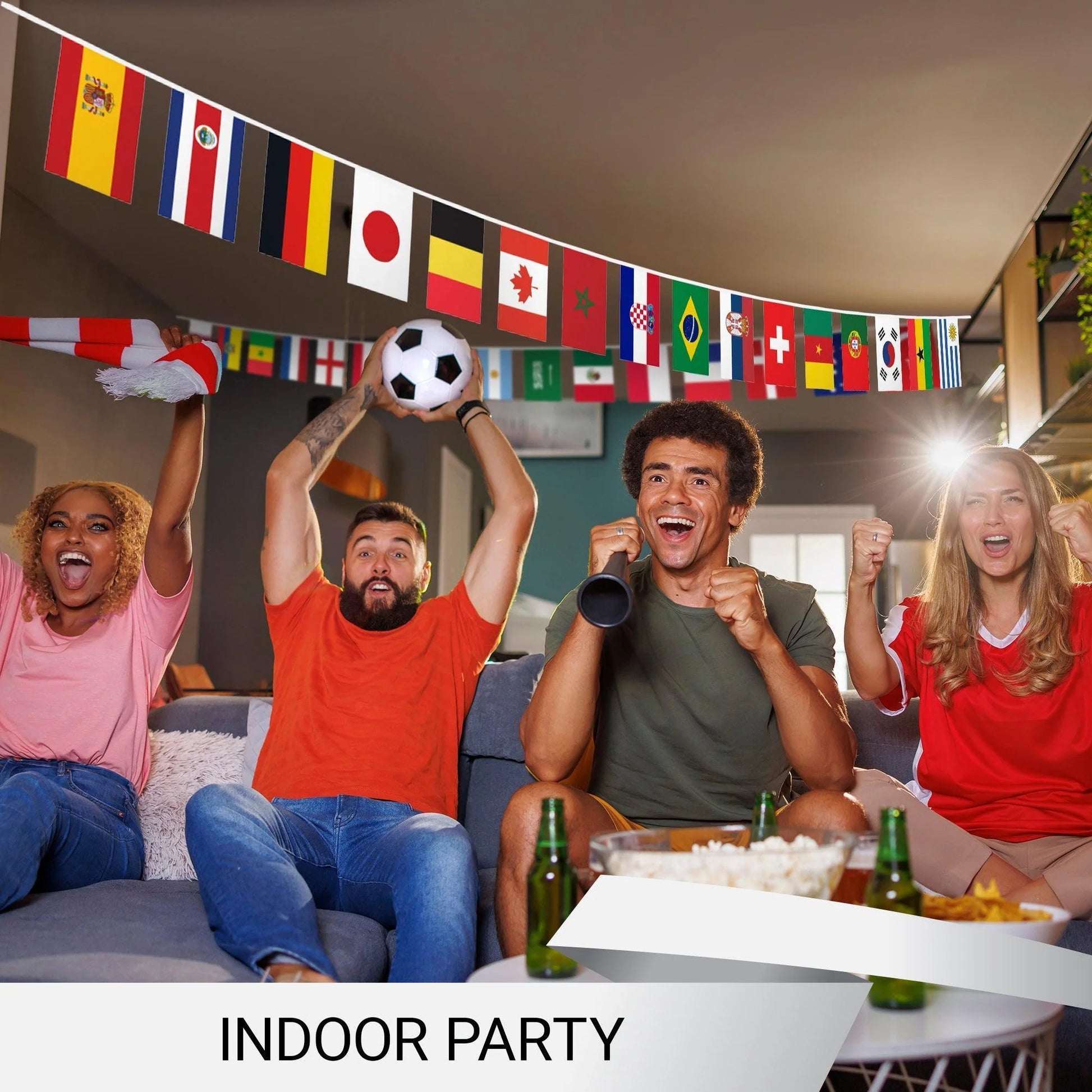 G128 2022 World Cup Bunting Banner Flag 8.2 X 5.5 Inch, Full String 33 Feet Liteweave Pro Series Printed 150D Poly String Flag Decor for Fan Club Party, Soccer Events, World Cup Fan Celebration